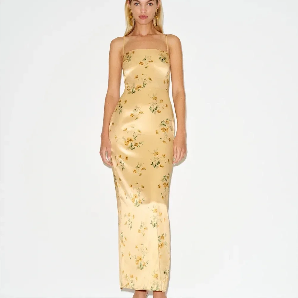 Reformation Yellow Floral Satin Slip Maxi Dress - Picture 2 of 2